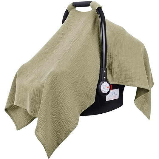 Metplus Muslin Car Seat Cover for Babies, 100% Cotton Breathable Infant Carseat Canopy for Summer, Lightweight Stroller Sunshade Covers for Newborns(Khaki)