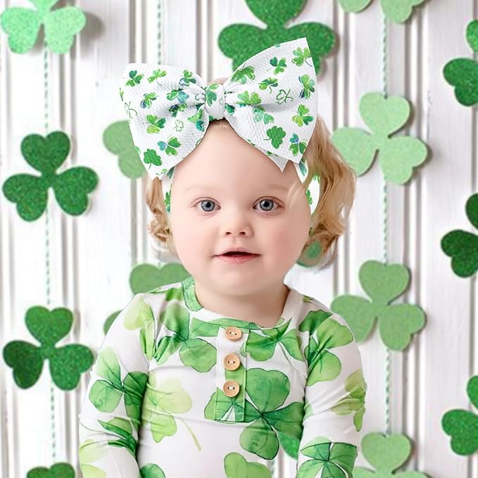 7” Large St Patricks Day Baby Bows Green Shamrock Clover Headbands for Girl Infant White Leaves Tied Bows Hairband St Patricks Hair Accessories Gift