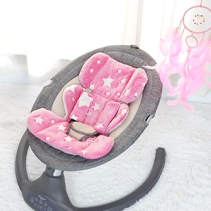 Infant Car Seat Insert Girls, Soft Flannel Baby Head Support & 2 Strap Pads, Preemie Newborn Carseat Cushion Reversible & All Season, for Stroller, Baby Swing, Rocker, Bassinets, Bouncer (Pink Star)