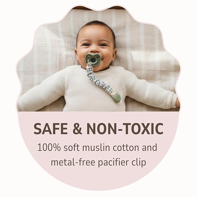 Muslin Cotton - Metal-Free Pacifier Clips, Lightweight and Secure Pacifier Holder for Babies (Olive Graine) - Mila & Lulu