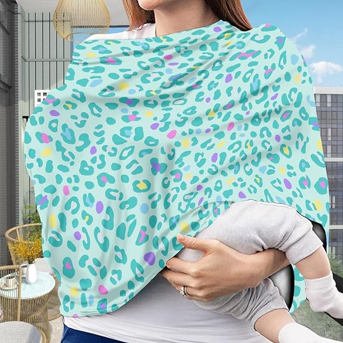 Infant Car Seat Canopy/Baby Nursing Cover/Stretchy Breathable Breastfeeding Scarf,Fit for Shopping Cart,Car Seat,High Chair,Stroller, Green Leopard Print