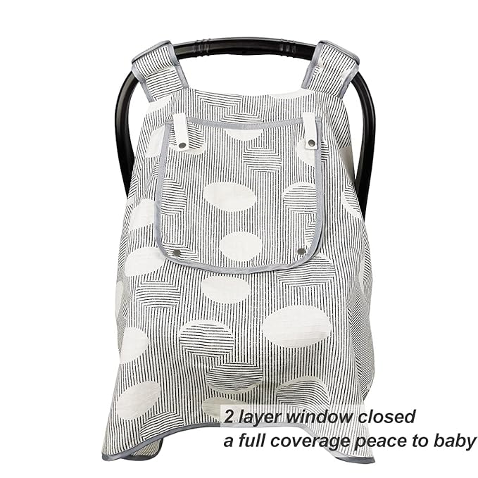 ICOPUCA Car seat Covers for Babies, Muslin carseat Cover Girls/boy, carseat Canopy Light Weight, Breathable, Kick Proof, fit Summer/Autumn/Spring, Black Strip Polka;