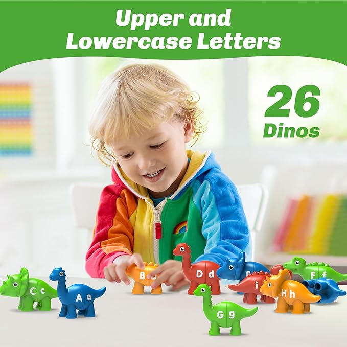 26PCS Dinosaur Alphabet Learning Toys for Kids Ages 3-5, Double-Sided ABC Matching Game with Uppercase Lowercase, Montessori Educational Fine Motor Toys, Preschool Sensory Sorting Toy Gift