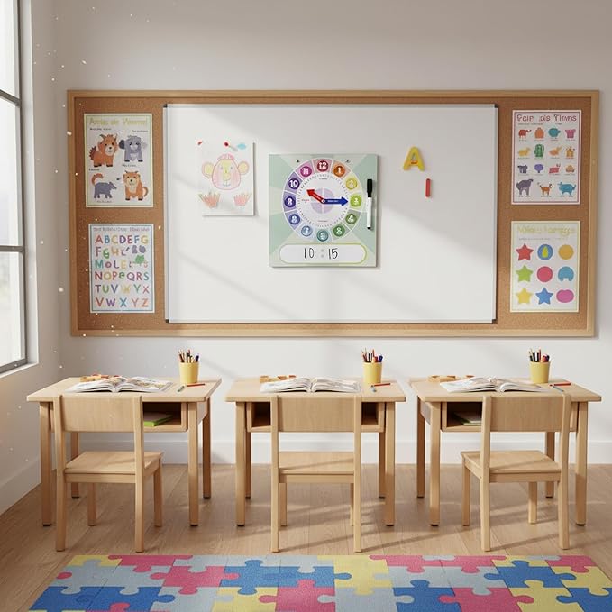 Kids Teaching Clock with Moveable Arms, Dry Erase Surface, Magnetic Hanging Strips, Educational Learning Tool for Time-Telling Skills. Perfect for Classrooms and Homes