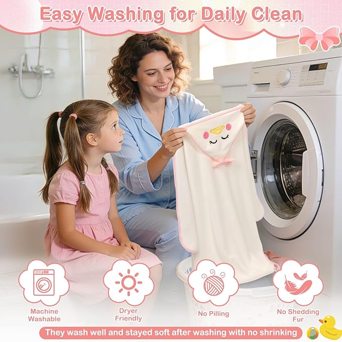 Flasoo 4 PCS Baby Towels Set, Soft Baby Towels and Washcloths Set, 1 Hooded Baby Towel and 3 Baby Washcloths for Newborns, Toddlers, and Kids, 32x32 Baby Towel with Hood for Boy and Girl (Pink Duck)