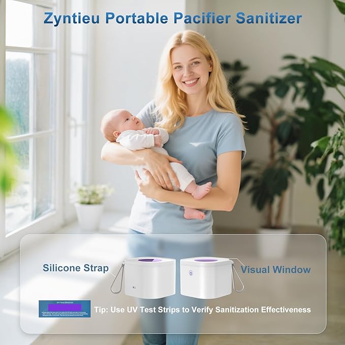 Portable Pacifier Sanitizer, UV Light Sanitizer Box, 99.99% Cleaned in 3 Minutes, 90 Disinfection Cycles, USB Rechargeable, Baby Pacifier Sanitizer On the Go (Square White)