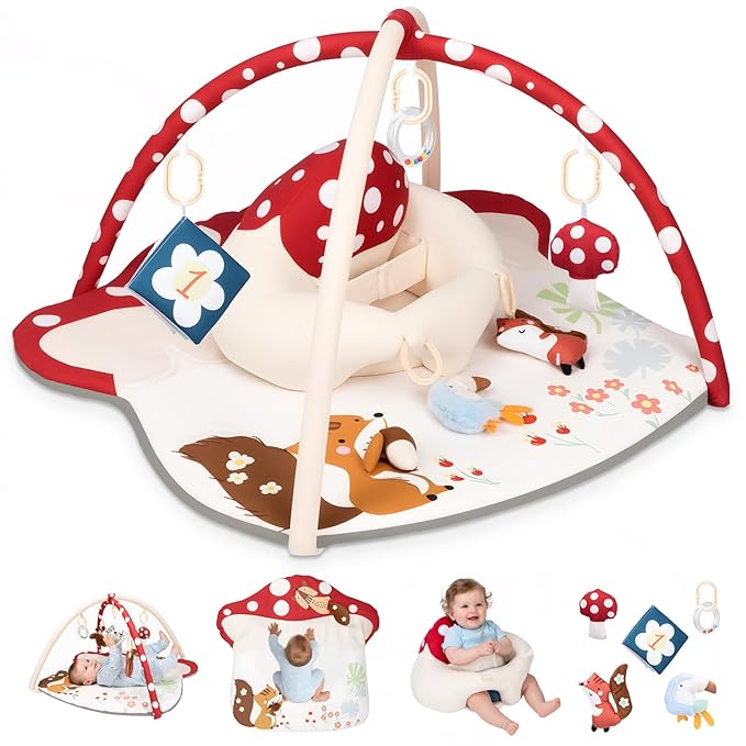 Baby Play Mat & Baby Seats for Infants for Sitting Up | Tummy Time Gym Activity Mat with 5 Detachable Toys for Stage-Based Sensory | Babies Essentials Gift for Newborn 0-6-12-18 Months (Red)