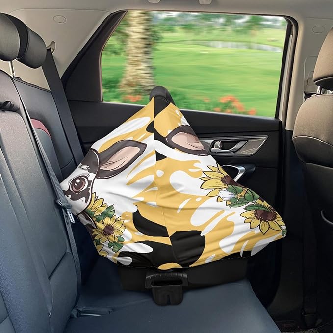 Wanyint Sunflower and Cute Cow Print Car Seat Covers for Babies,Nursing Breastfeeding Cover Infant Carseat Canopy Cover,Stretchy Nursing Cover for Baby