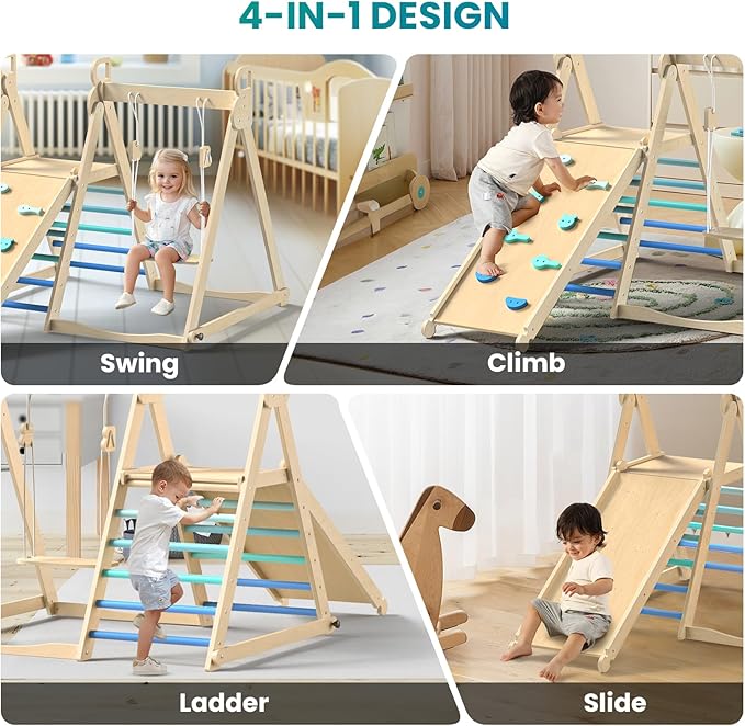 BlueWood 4 in 1 Indoor Jungle Gym, Foldable Wooden Climbing Set with Swing, Slide, Ladder and Climbing Wall