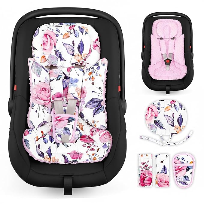 Infant Car Seat Insert with Removable Baby Head Support Pea Pod Newborn Carseat Insert Soft & Breathable Baby Car Seat Cushion, Minky Dot Backing, Universal Fit Stroller, Swing, Bouncer, Floral