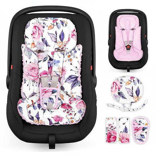 Infant Car Seat Insert with Removable Baby Head Support Pea Pod Newborn Carseat Insert Soft & Breathable Baby Car Seat Cushion, Minky Dot Backing, Universal Fit Stroller, Swing, Bouncer, Floral