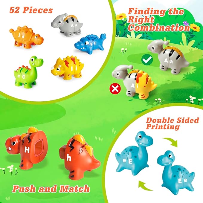 52 PCS Dinosaur Alphabet Learning Toys for Toddlers 2-4, 10 Different Dinosaur Figures, Double Sided ABC Matching Game, Preschool Activities Montessori Fine Motor Toys for Toddlers Kids