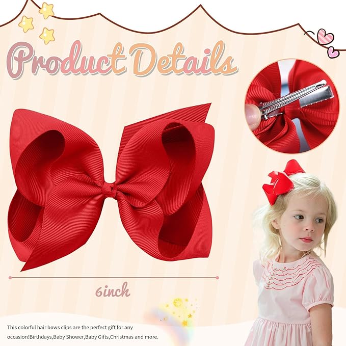 Oaoleer 2PCS 6inch Hair Bows Clips, Red Layered Grosgrain Ribbon Bows Hair Alligator Clips for Baby Girls Infants Toddlers Kids Teens Children