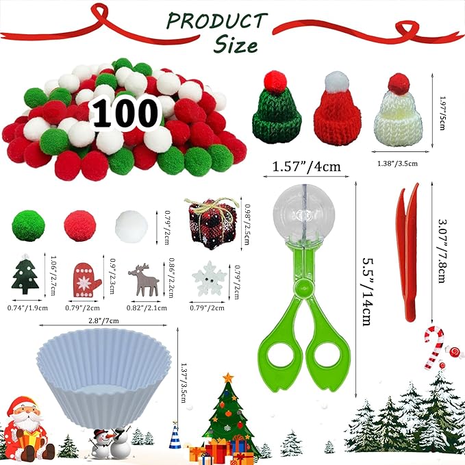176 Pcs Christmas Sensory Bin Filler Fine Motor Toys Counting Sorting Winter Sensory Bin Items 100 Pom Poms 50 Wodden Ornaments 10 Xmas Knit Hats 5 Xmas Gift Boxes for Early Childhood Education