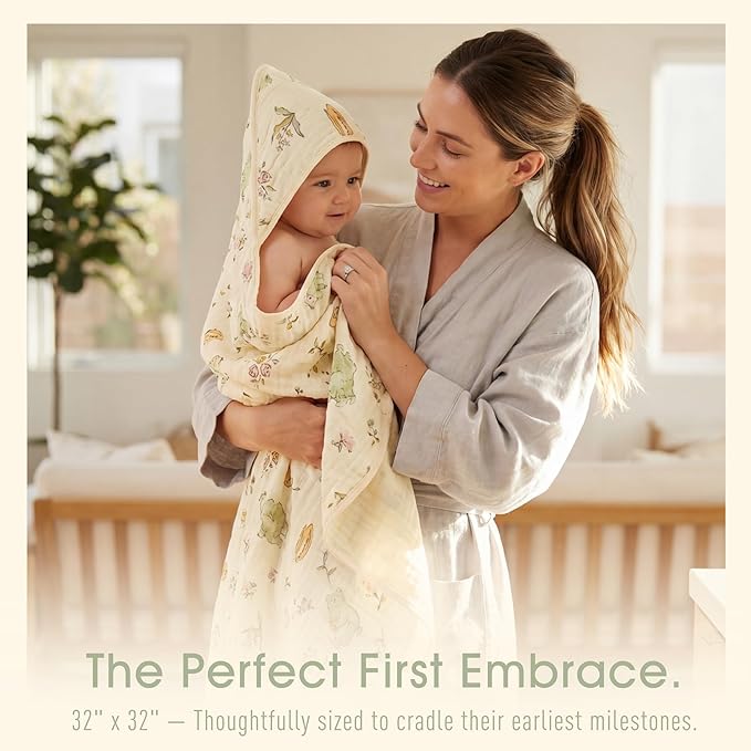4-Piece Muslin Baby Towel Set - Made with Organic Cotton, (2) 6-Layer 32x32 Towels & (2) Washcloths, Bath, Beach & Pool Gift Set (Nature Garden & Classic Coffee)