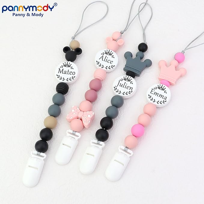Personalized Pacifier Clip with Name, Customizable Pacifier Clip (2 Pack) (Crown-Black)