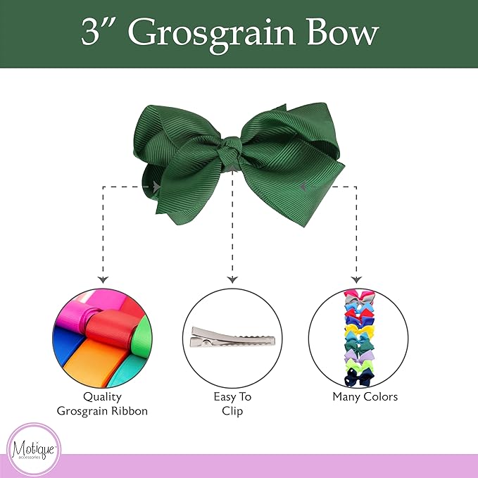 3 Inch Grosgrain Bow for Little Girls- Set of 2 (Forest Green)