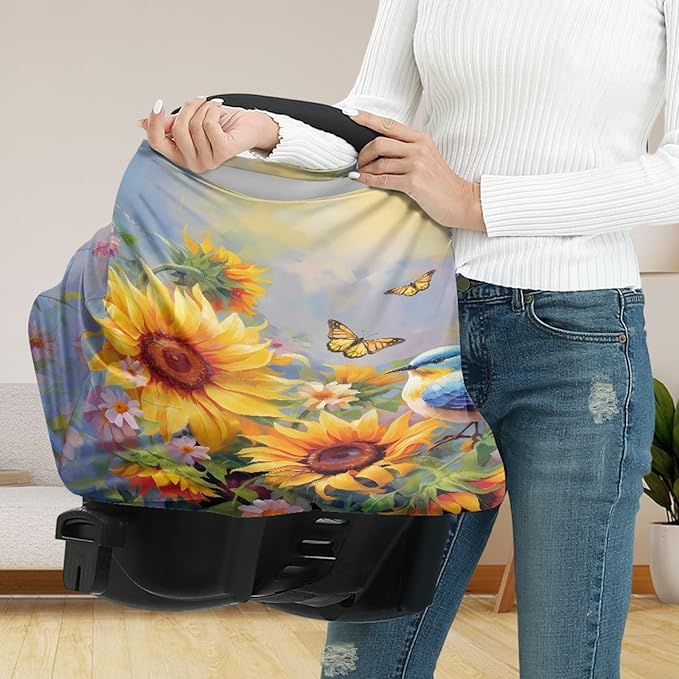 Sunflower Hummingbird Print Car Seat Canopy for Girls,Lovely Soft Nursing Cover Super Soft Washable Breastfeeding Scarf for Family