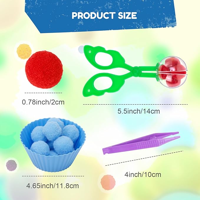 170 PCS Counting Sorting Fine Motor Skills Sensory Bin Filler Include 12 Sorting Bowls, 150 Pom Poms, 6 Tweezers, 2 Scooper Scissors for Kids Early Education, Sorting Counting Training