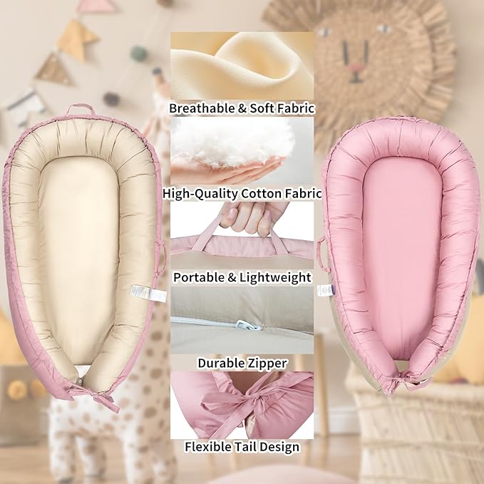 Infant Lounger, Portable Infant Beds, 100% Cotton, Breathable & Reversible, Baby Lounger for Newborn, Adjustable Baby Floor Seat for Tummy Time, Essentials for Newborns (Pink)