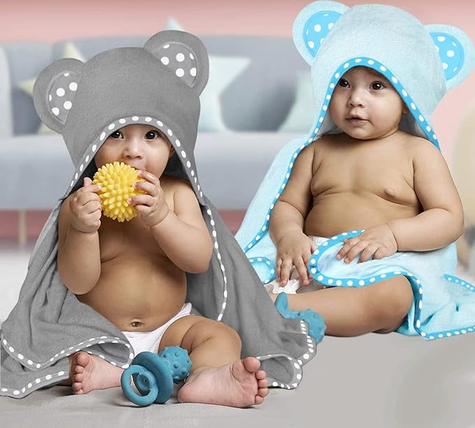 Set of 2 Hooded Baby Towels – Blue and Grey – Luxurious, Large and Super Absorbent – 30 x 30 Inch – Soft and Suitable for Infants, Toddlers and Kids – 400 GSM