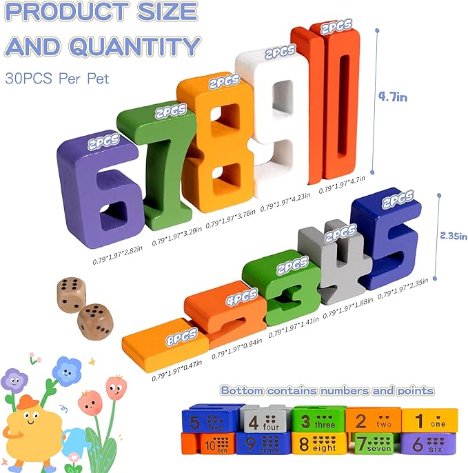 Large 30 Pcs Wooden Number Building Blokcs，Large Digit Blocks for Kids，Friends of 10 Blocks，Educational Tool Number Blocks for Kids 3+ Year Olds，Toys for Learning Math and Working on Balance