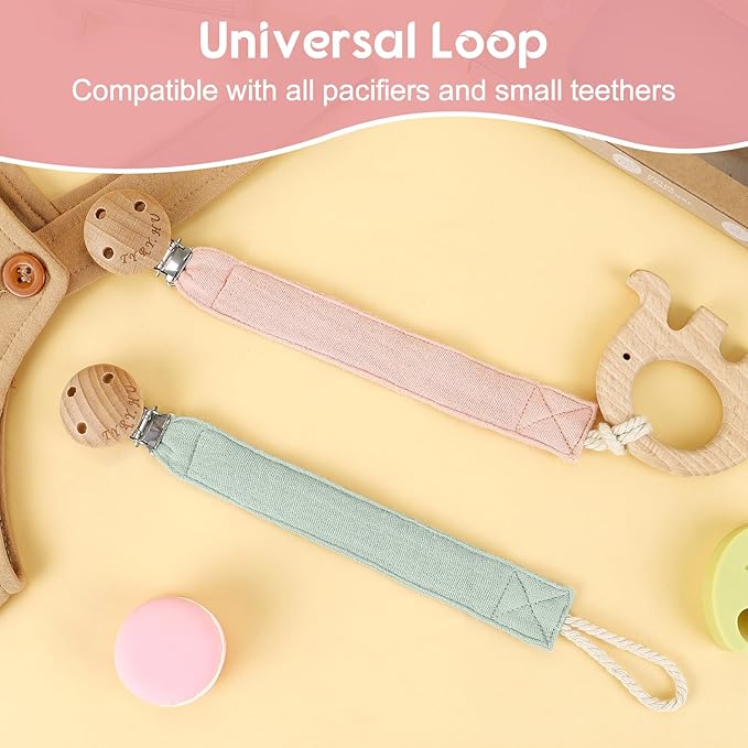 TYRY.HU Ribbon Pacifier Clip Holder,2 Pack Binky Paci Holder Clips, Pacifier Leash for Baby Boys and Girls, Fabric Pacifier Strap Universal Fits for Most Pacifier, Styles & Teethers Toys(Green,Pink)
