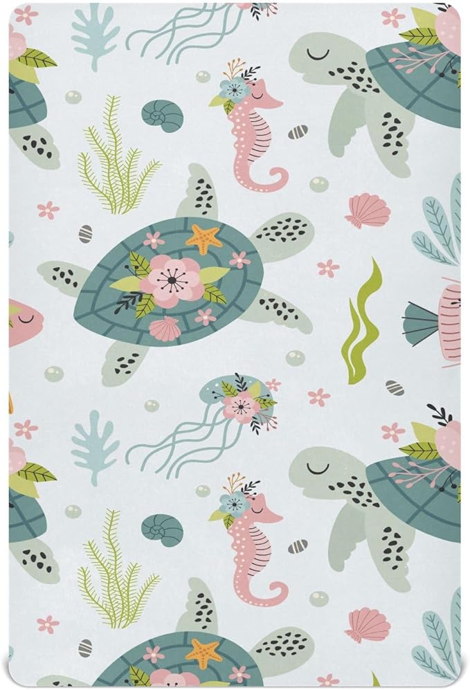 Fitted Crib Sheets Turtle Sea Horse Stretchy Portable Playard Sheets for Baby Toddler, Breathable Soft Mini Crib Mattress 52 x 28 in for Boys and Girls