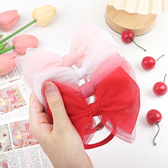 4 Pcs 4.5’’ Organza Lace Bow for Baby Girls White Headbands Pink Mesh Hair Bows Baby Shower Gifts for Newborn Infant Toddler Girl