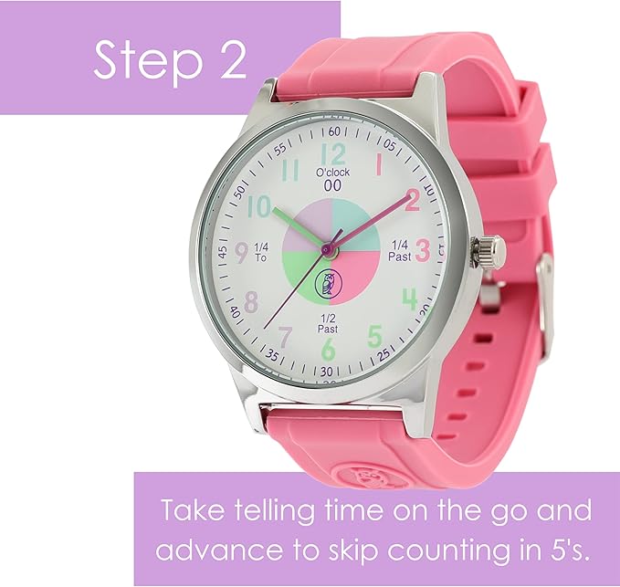OWLCONIC Telling Time Teaching Clock - Bundled with Kids Watch. Learn to Tell Time Resources. Pink