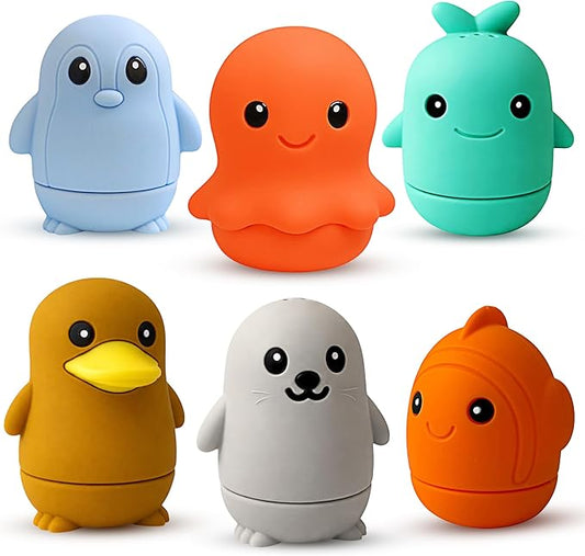 Ocean Friends Baby Bath Toys, Silicone Bath Toys for Babies 9 Months+, Toddler Bath Toys 1-3, Easy to Clean, Opens for Cleaning, 6-Piece Set