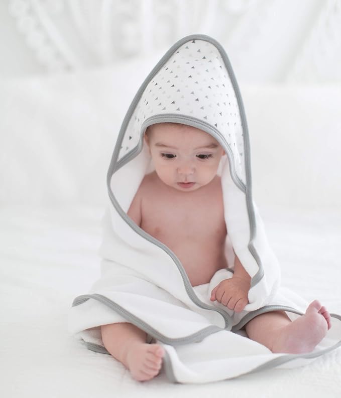 SwaddleDesigns Cotton Terry Baby Hooded Towel, Tiny Triangle Shimmer, Sterling