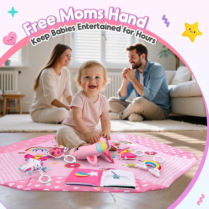 Windidi Unicorn Baby Gym Play Mat, 9-in-1 Tummy Time Mat with 7 Baby Toys, Washable Baby Activity Mat for Visual, Sensory, Motor Development, Newborn Baby Toys Gift for Toddler 0-3-4-6-9-12 Months
