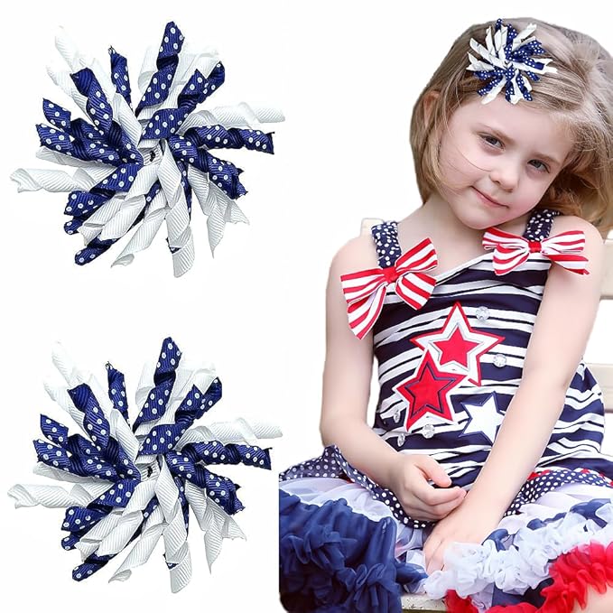 Yxiang 2PCS Indigo Korker Bows for Girls 3'' Curly Bow Hair Clip Ribbon Ponytail Bows Alligator Clip Hair Barrette for Girls Toddlers Kids