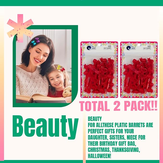 Classics Self Hinge Hair Barrettes for Girls Plastic Hair Barrettes for Baby bow Girl Barrettes 80s 90s Bow Cartoon Design Hair Pins for Baby Girls Toddlers total 40 count (RED)