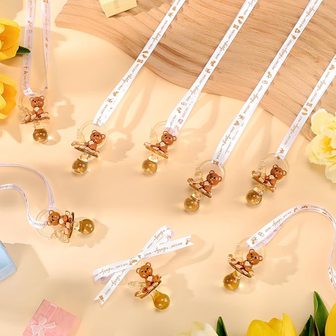Coume 60 Pcs Shower Party Pacifiers Necklace Bear Bottle Acrylic Pacifiers Charm Pacifier Chain for Guests Gender Reveal Party Favors Prize Table Scatter (White,Brown,Elegant)