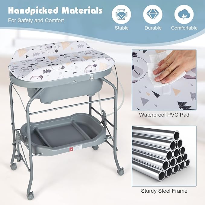HONEY JOY 2-in-1 Baby Bathtub & Changing Table, Foldable Infant Diaper Changing Station with Wheels, Storage Tray, Waterproof Pad, Portable Newborn Nursery Organizer Bath Stand for Boys Girls (Gray)