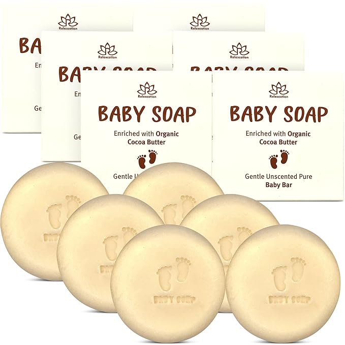 Relaxcation Organic Unscented Baby Soap Bar - 4 SIMPLE INGREDIENTS: ORGANIC Coconut, Olive Oil, Castor Oil and Moisturizing Cocoa Butter - Cold Process Handmade in USA (6 pack)