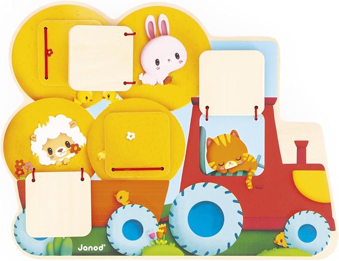 Janod - Farm Puzzle (Yellow) - Child Development - Dexterity Development - Tactile Learning Experience - Easy Grip Design for Little Hands - Animal Recognition Fun - Durable Wooden Construction