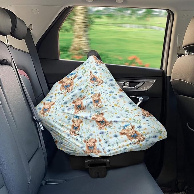 Binienty Blue Floral Baby Stuff Car Seat Covers, Highland Cow Print Multi Use Baby Nursing Scarf for Women Mom Multi-use Breastfeeding Carseat CanopyInfant Stroller Covers