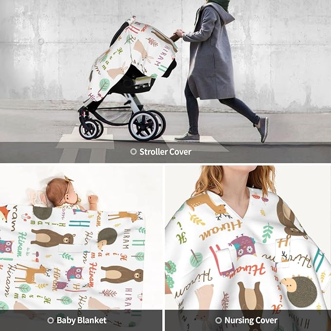 Personalized Name Car Seat Covers for Babies, Peekaboo Opening Car Seat for Baby Boys Girls, Multi Use Mom Nursing Breastfeeding Covers, Minky Carseat Canopy for Newborn Infant, Cute Animal