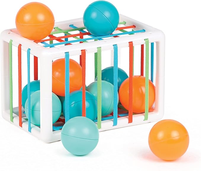 Ludi - Handling Cube - Early Learning Toys for Babies from 10 Months - Develops Thought, Fine Motor Skills, Touch & Discovery - 1 Elastic Cube + 12 Orange & Blue Balls with Funny Sound