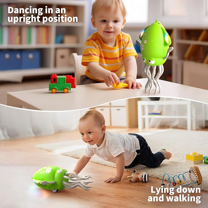 Interactive Dancing Octopus Toy,LED Light-Up Music Crawling Squid with Smart Obstacle Avoidance & Fishing Rod,Tummy Time Baby Toy,Musical Toy for 3 4 5 6 Year Old Boys and Girls(Fluorescent Green)