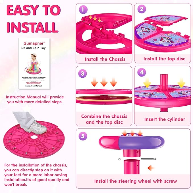 Sumapner Unicorn Sit and Spin Toys for Toddlers, Extra Large Size, Christmas Birthday Gift for Kids Boys Girls with Music & LED Lights, 360°Spinning Seat Sensory Toys Stocking Stuffers