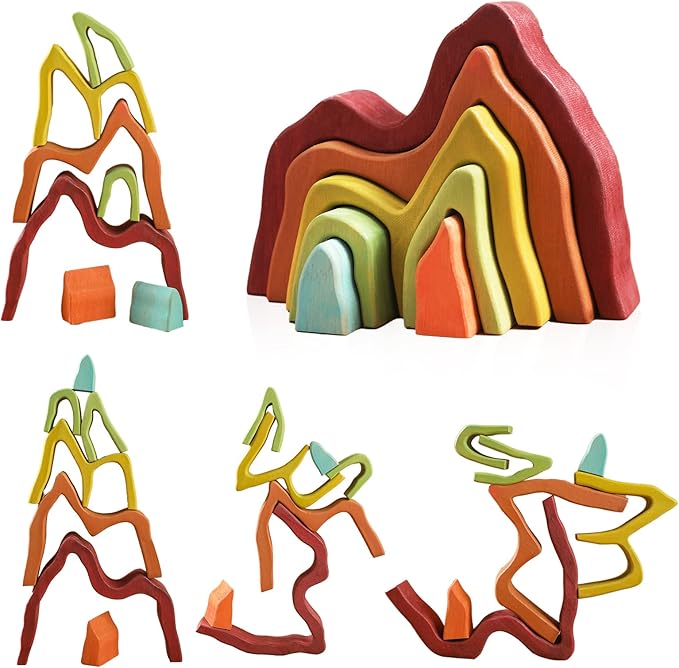 JETM·HH Wooden Rainbow Stacking Toy | House Bulding Block | Montessori Geometry Educational Stacking Game | Learning Educational Toys for Kids Baby Toddler（Volcano）
