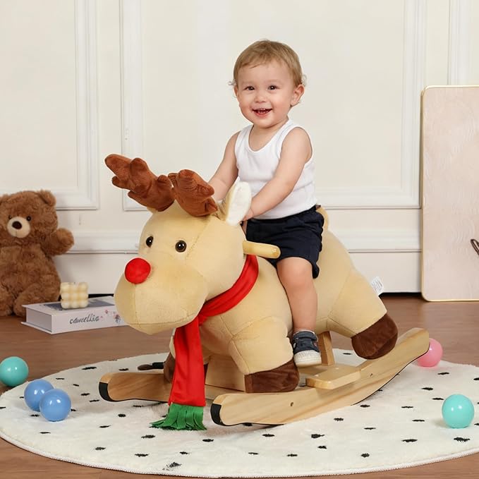 Reindeer Baby Rocking Horse for Toddlers 1 Years to 3 Years, Stuffed Plush Ride-on Rocking Animal with Realistic Sound and Music, Wooden Rocking Horse with Seat, Apricot Reindeer, CPC Certified