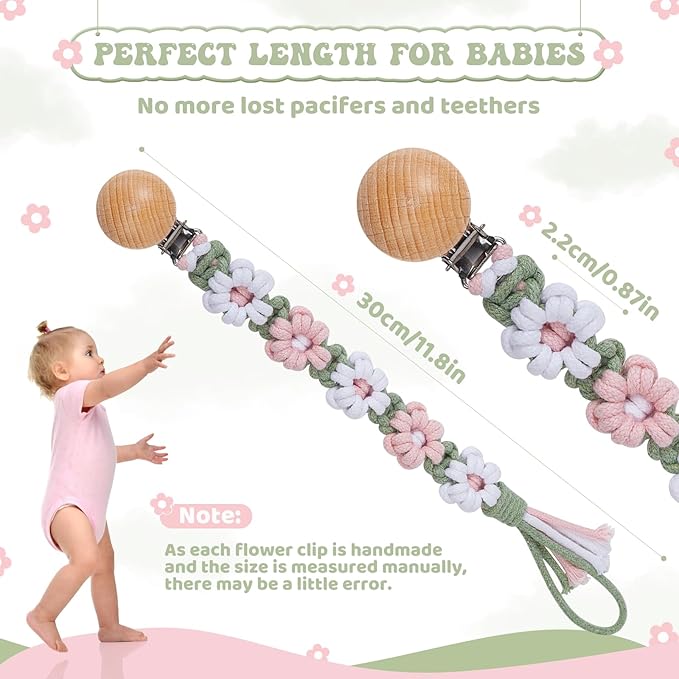 Pacifier Clip for Boys Girls Floral Daisy Macrame Baby Paci Clip Pacifier Holder Leash Boho Wooden Clips Handmade Braided Cotton Binky Clips (2pack:Misty Rose & Green Daisy)