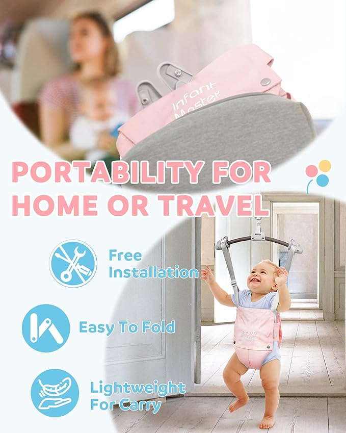 Infant Master Doorway Jumper, Durable Bumper Jumper w/Adjustable Height, Funny Baby Doorway Swing Bouncer w/Seat Bag, Popular Gift for Infant & Toddler, Portable and Free Installation, Pink