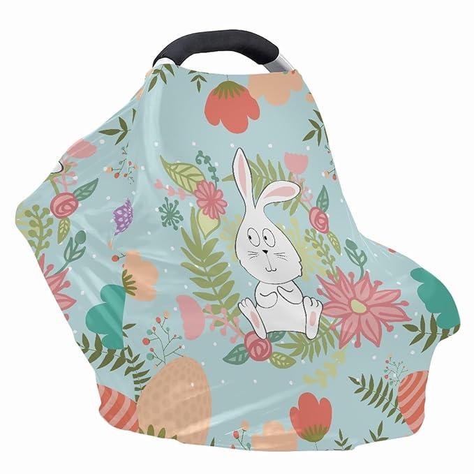 Cute Rabbit Floral Print Car Seat Canopy for Baby Infant,Easter Theme Nursing Cover Multi Breastfeeding Scarf,Shopping Cart/High Chair/Stroller Covers