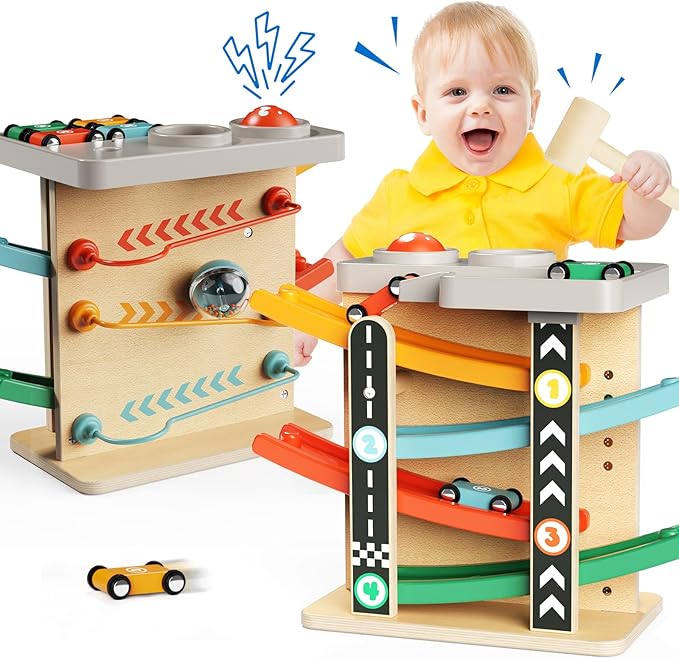 Wooden Car Ramp Race Track 2-in-1 Pound Ball Toddler Toy Ball Drop Baby Toy Set Gift for 1 2 3 Year Old Boys Girls Montessori Developmental Learning Activity Interactive Birthday Present